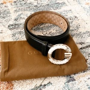 Auth GUCCI G rope buckle black leather belt 80-32